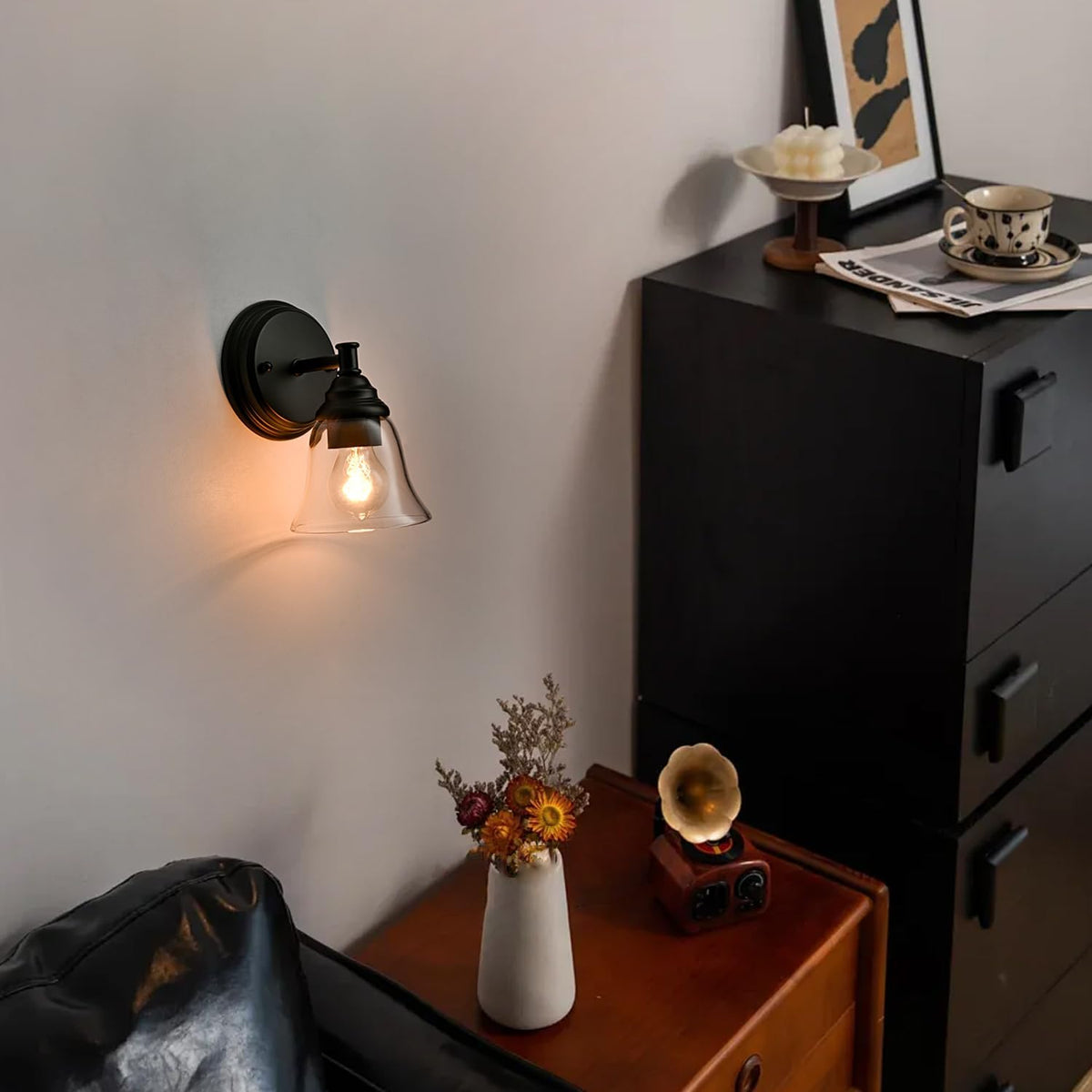 Moder 1-Light Black Wall Sconce Clear Glass Bell Shape Light Fixtures for Farmhouse, Bathroom, Living Room, Stairway Set of 2