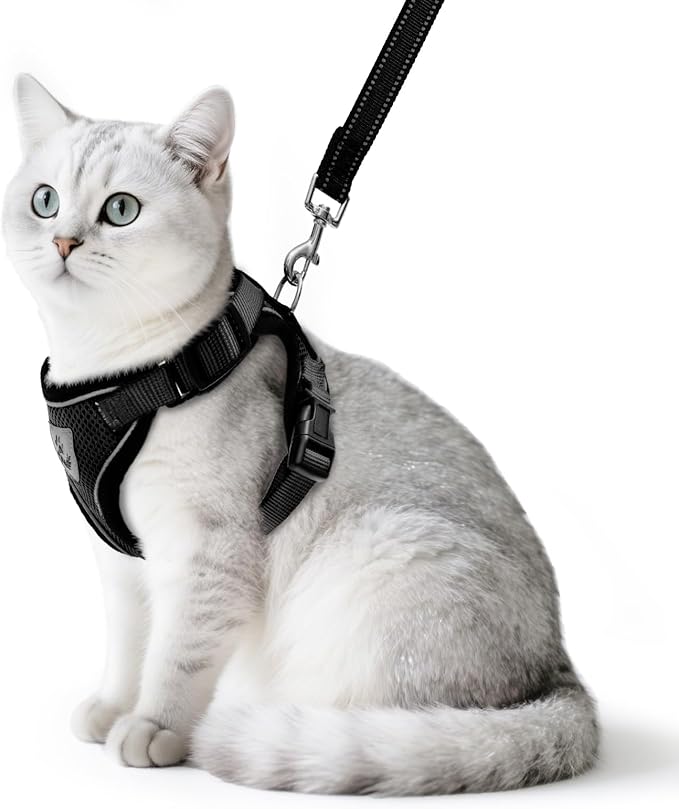 PUPTECK Cat Harness and Leash Set Escape Proof Reflective Cat Walking Harness Adjustable Soft Breathable Mesh Vest for Small Pets, Black, S