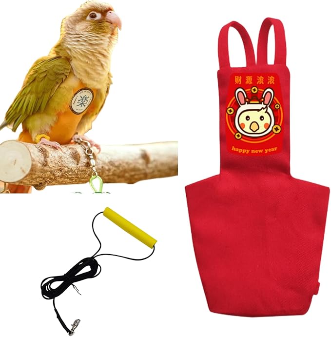 MANON ROSA Bird Diapers Leash Set Washable Reusable Handmade Flight Suit Waterproof Inner Layer - Protective Parrot Nappy Clothes Parakeets Macaws Budgies Canaries (Red5,Myna)