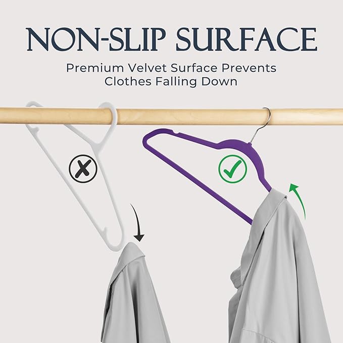 HOUSE DAY Noble-Purple Velvet Hangers 60 Pack, Non Slip Clothes Felt Hanger Heavy Duty for Coat, Premium Slim Space Saving Suit Hangers for Closet Organizer, 360° Rotating Silver Hook