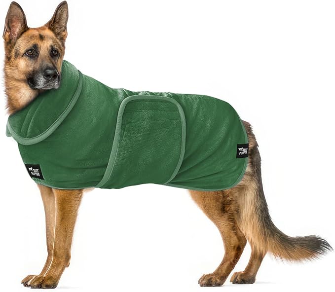 Tuff Pupper Fast Drying Dog Bath Robe | 800 GSM Plush Dog Towel Bathrobe/Dressing Gown | Super Absorbent Pet/Puppy Bathrobe | Adjustable Hood & Belly Strap | Super Soft | Fast Drying (XXXL, Green)