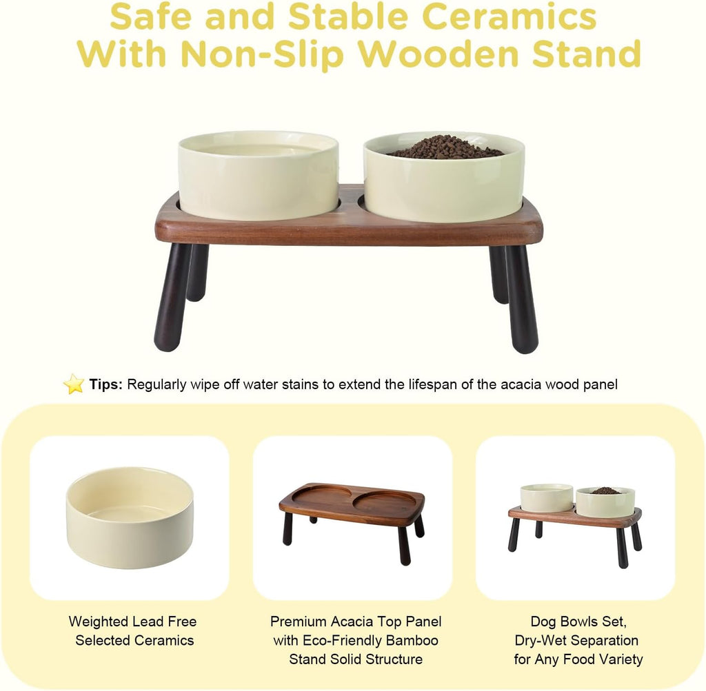 SPUNKYJUNKY Ceramic Elevated Dog Bowls Raised with Acacia Bamboo Wooden Stand, 6.1'' Dog and Cat Food Water Bowls Set Non-Slip for Small Medium Sized Breed Microwave Dishwasher Safe - 28.7 OZ,Beige
