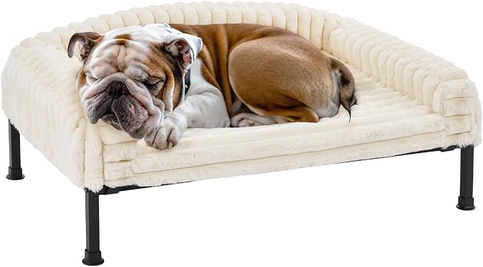 Veehoo Elevated Dog Bed with Bolster Cushion, Fluffy Plush Dog Couch Beds for Small Dogs, Cats, Washable Raised Pet Cot with Non-Slip Feet for Indoor or Patios Use, 36 x 28 Inches, White