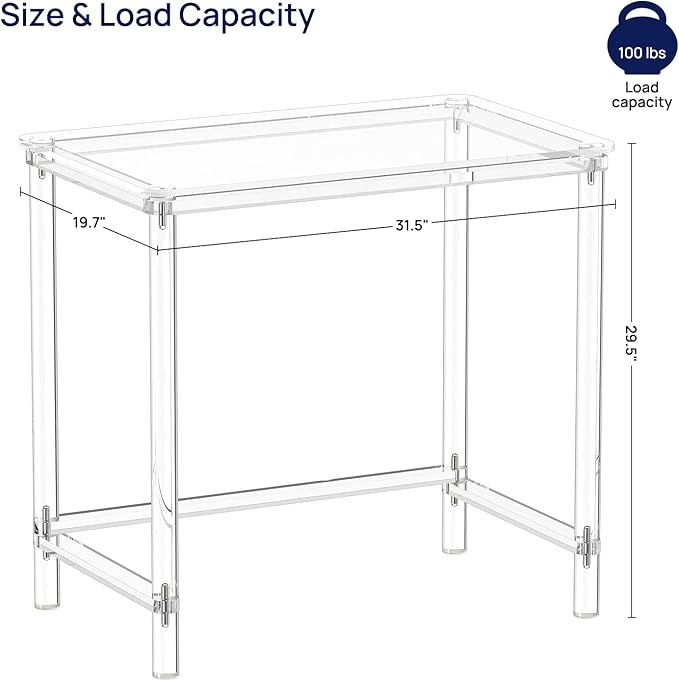 HMYHUM Acrylic Computer Desk, 32 Inch Clear Office Desk for Small Spaces, Study, Writing, Vanity Table with Cylindrical Legs, Modern, Easy Assembly