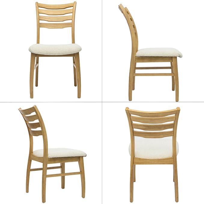DUOMAY Farmhouse Dining Chairs Set of 4, Fur White Upholstered Side Chairs Solid Wood Ladder Back Kitchen Chairs for Home Dining Room, Light Browm Frame