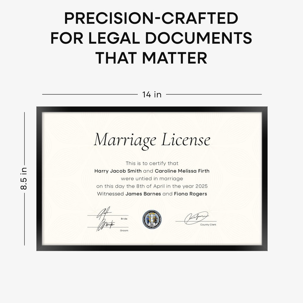 Homeforia 8.5 x 14 Marriage License Frame Black, High End Metal 8.5x14 Marriage Certificate Frames, 14x8.5 Picture Frame for Wall & Tabletop, 8.5 by 14 Photo Frames, Tempered Glass, Wall Kit, Set of 1