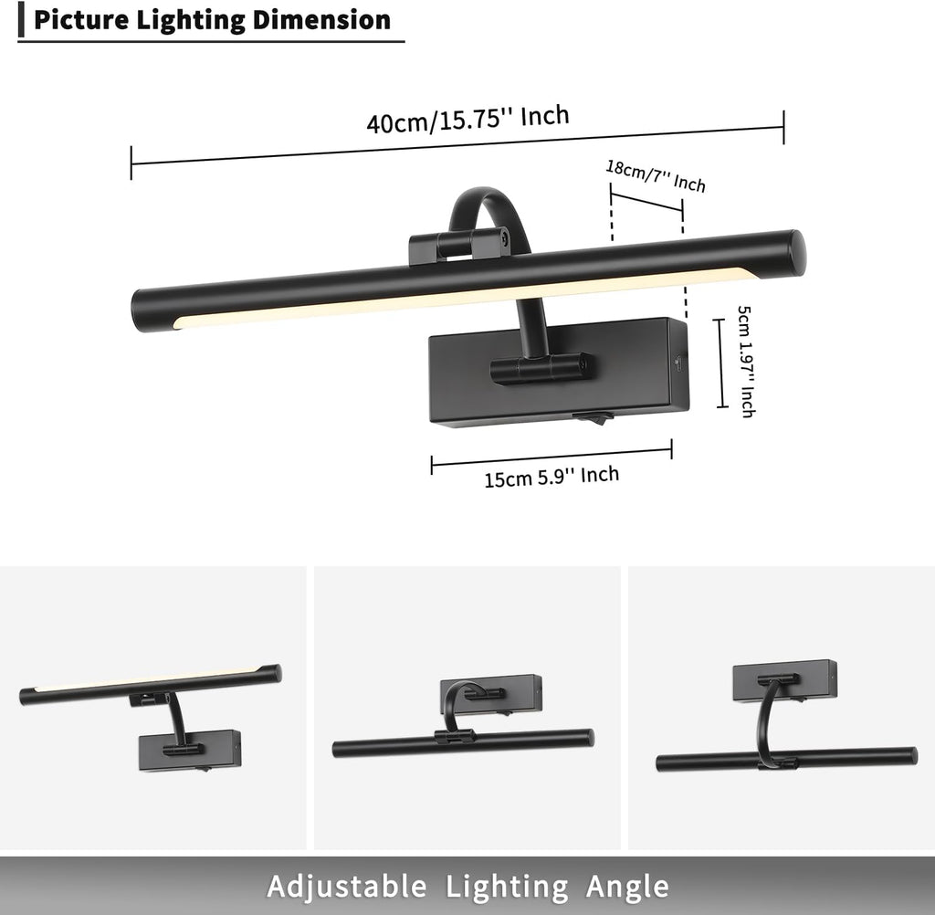 Picture Lights Battery Operated with Remote and Dimmable Function, Rechargeable Gallery Light Black Art Light Wireless Painting Lights 16'' Inch for Display, Portrait, Artwork, Warm White