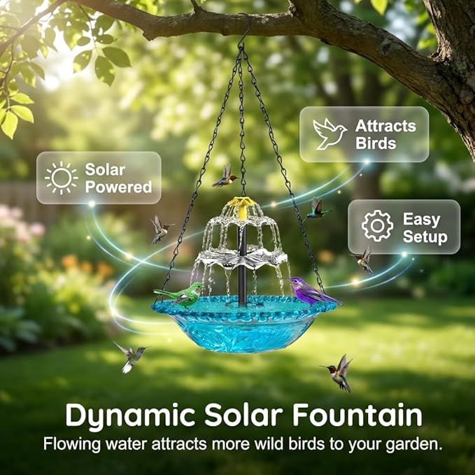 Solar Cascade Hanging Bird Bath Fountain, New Hanging Bird Bath with Flowing Water, Bird Bath Fountain Decorative Garden Yard Patio for Outdoor (Red)