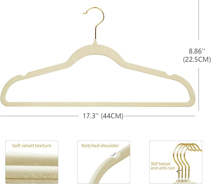 ManGotree Velvet Coat Hangers with 360° Swivel Gold Hook, Non-Slip Felt Suit Hangers, Slim Space Saving Clothes Hanger for Jacket, Sweater, Shirt, Dress, Pants (36 Pack, Beige)