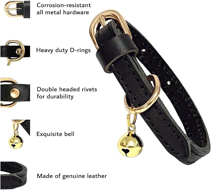 Guiding Star Leather Collar for Puppy, Cute Soft Thin Dogs Collars for Small Medium Dogs, Cat Collar with Bell (Black, XS, 9"-12")