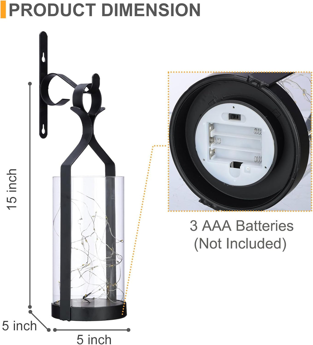 Metal Wall Sconce 35 Led Lantern Set of 2 - Black Wall Mounted Hanging Holder with Glass & Candles Vintage Wall Decor for Porch, Living Room, Dining Room, Bedroom Indoor Decor