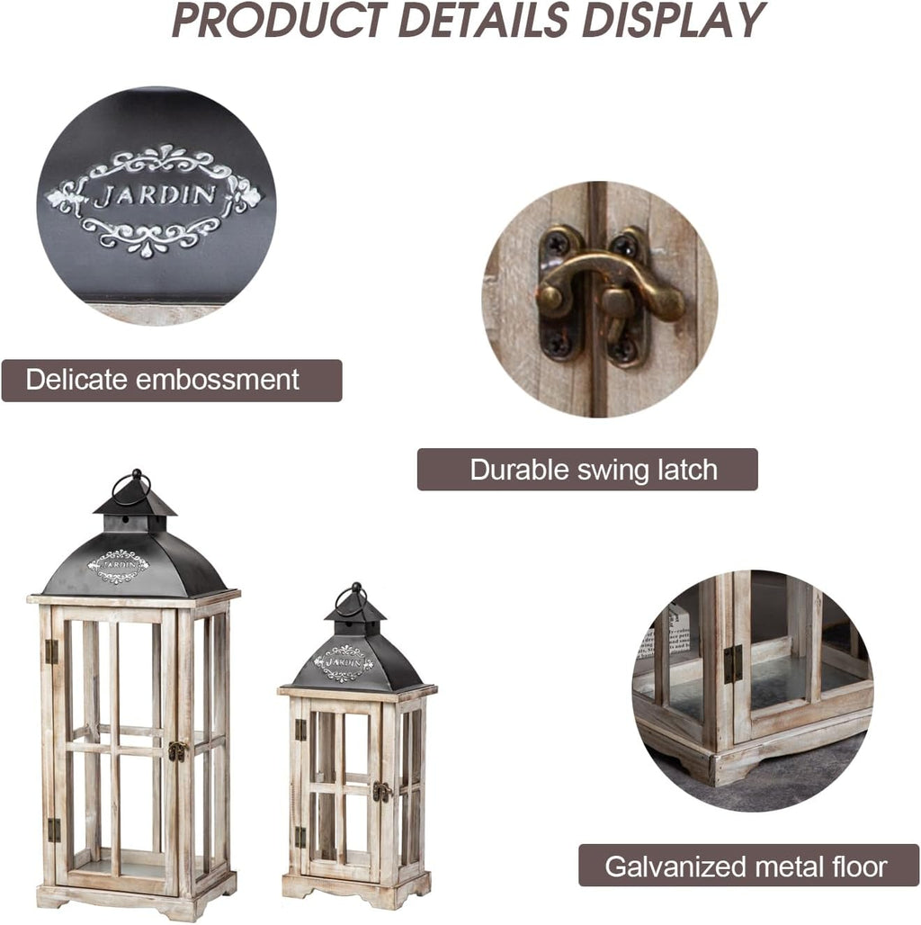 Set of 2 Large Decorative Wooden Metal Lanterns, Farmhouse Rustic Floor Candle Lanterns, Indoor/Outdoor Hanging Lanterns for Home Decor (No Glass)