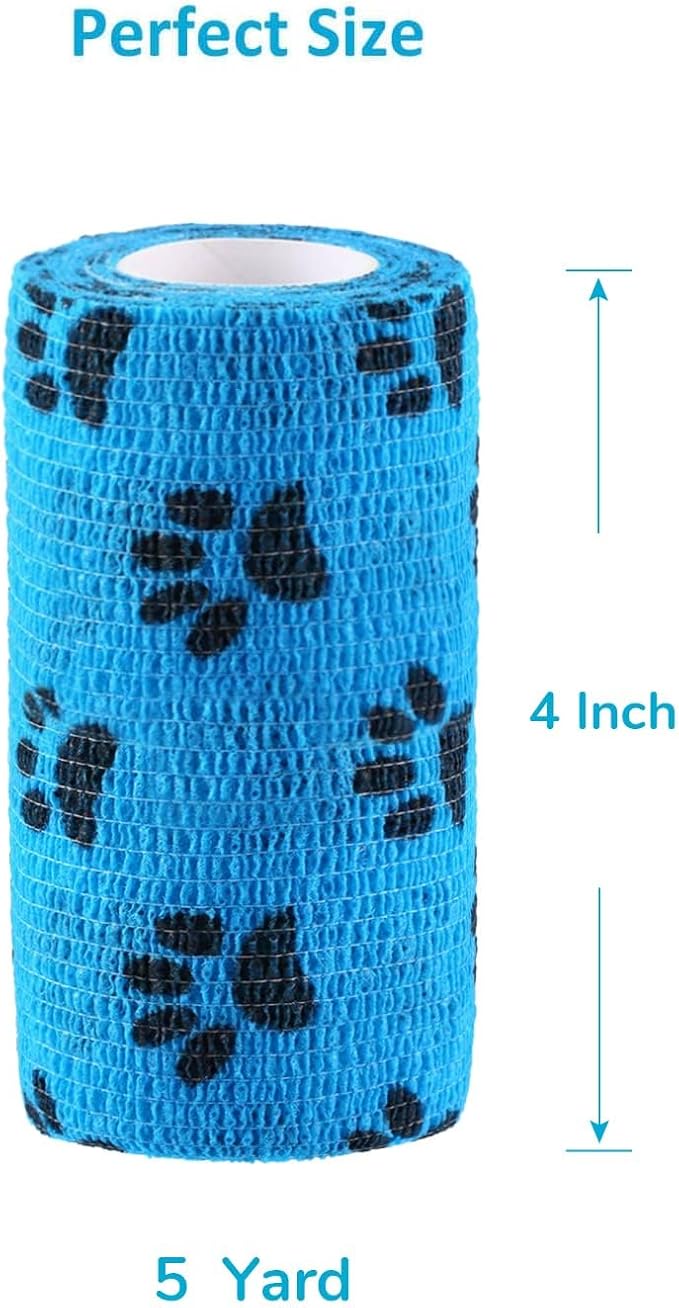 WePet Pet Wrap, Self-Adhesive, Only Sticks to Itself, Non-Woven Tape for Dog Legs, Paws, Wounds, First Aid Cohesive Gauze for Horse, Cat, Bird, Animal, 6 Rolls, 4 Inch, Pawprints A
