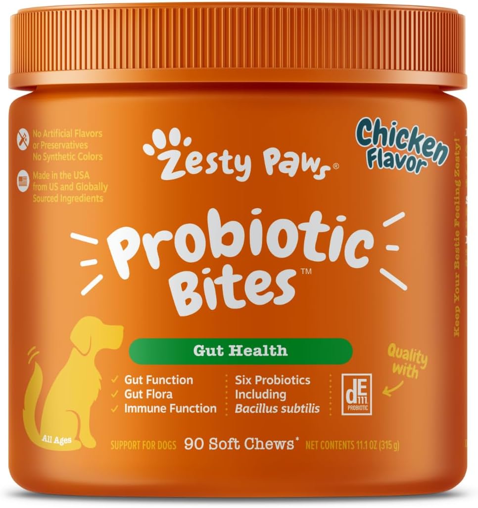Zesty Paws Probiotics for Dogs, Digestive Enzymes Gut Flora, Digestive Health, Diarrhea & Bowel Support, DE111, Dog Probiotics Soft Chew for Pet Immune System, Chicken, 90 Ct