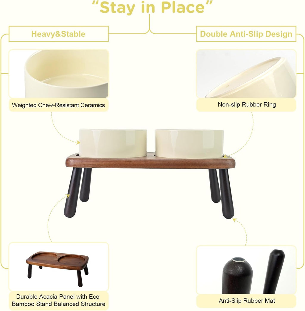 SPUNKYJUNKY Ceramic Elevated Dog Bowls Raised with Acacia Bamboo Wooden Stand, 6.1'' Dog and Cat Food Water Bowls Set Non-Slip for Small Medium Sized Breed Microwave Dishwasher Safe - 28.7 OZ,Beige