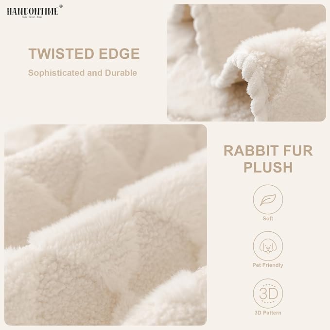 HANDONTIME Non-Slip Pet Couch Cover Washable, Plush Faux Fur Couch Protector for Cushion Pet-Friendly Sofa Covers for Dogs, Checkered Diamond Sectional Covers Dog Mat for Sofa (Ivory, 35.6" x 63")