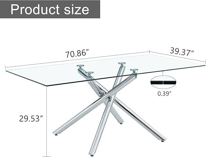 Modern Glass Dining Table for 6-8,Rectangular Glass Kitchen Table with Tempered Glass Tabletop and Silver Chrome Metal Legs for Kitchen Dining Room (Silver)