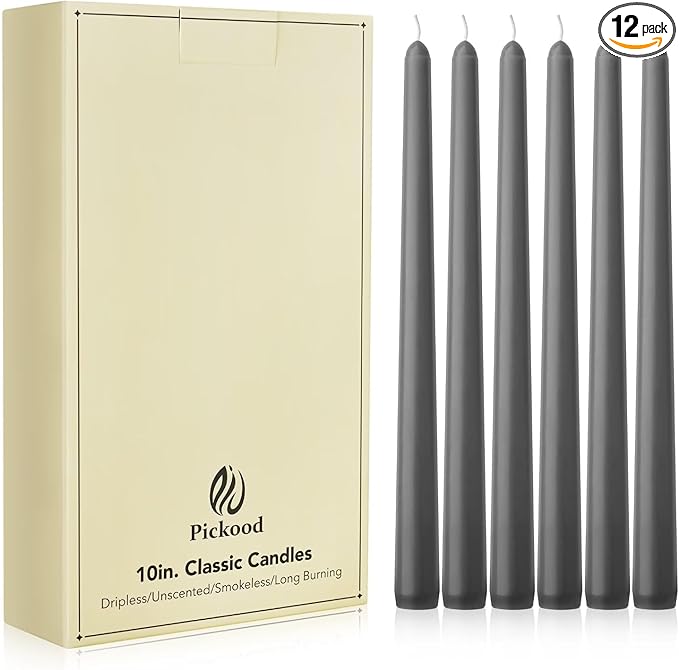 New Burning Formula Unscented Dripless 10-Inch Taper Candles Set of 12 - Smoked Pearl, for Wedding, Dinner - Smokeless, Long Burning - Hand Poured, Colored Tall Candlesticks - Perla Ahumada