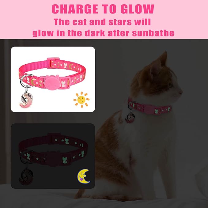 4 PCS Cat Collars with Bell Breakaway Gold Moons and Stars Adjustable Safety Kitten Collars with Charm Glow in The Dark