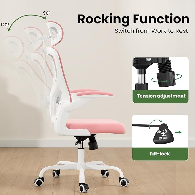 Soohow Office Chair, Ergonomic Office Mesh Desk Chair with Adjustable Back Support, High Back Comfy Computer Swivel Chair with Headrest, Lumbar Support for Study Room, Gaming and Office, White & Pink