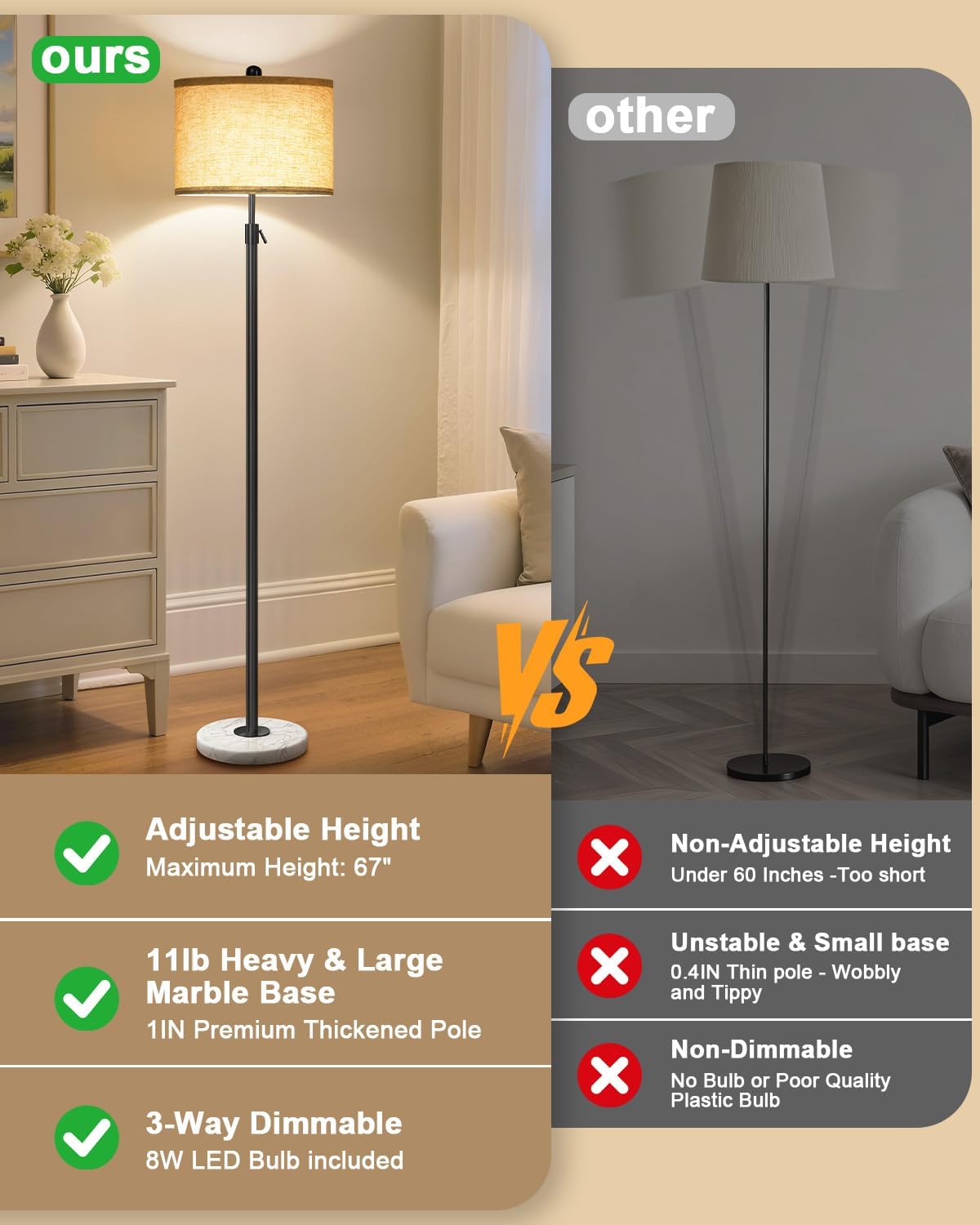Floor Lamp for Living Room - Adjustable Height Standing Lamp with Marble Base & Linen Shade - Tall Pole Floor Light with 3 Color Temperatures Bulb for Bedroom, Reading - Easy Assembly