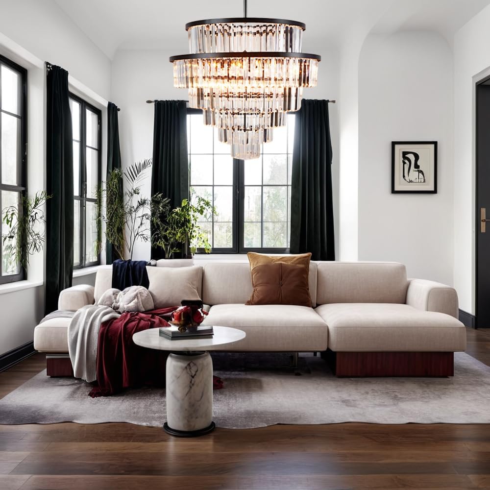 Luxury 6-Tier Round K9 Crystal Chandelier, Black Finish 26 Inch Diam Ceiling Light, Classic Elegant Chandelier with Crystal Piece, Lighting Fixture for Hallway, Bedroom, Living Room