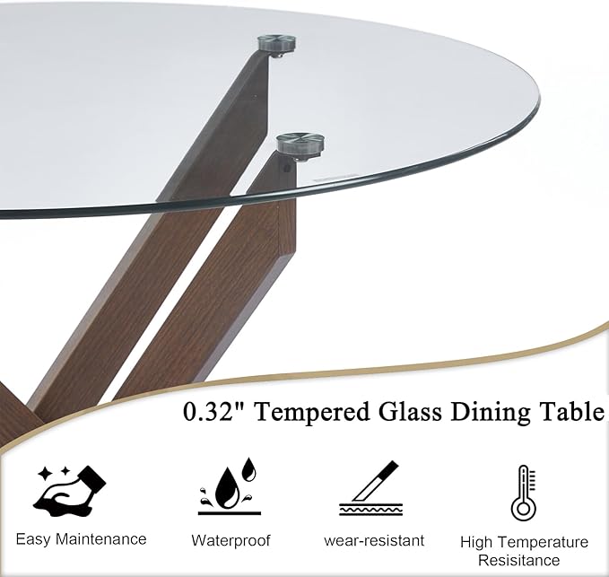 36" Round Dining Table for 4, Modern Clear Glass Kitchen Table for 4 with Walnut X Metal Legs, Contemporary Small Circle Dining Room Leisure Tables for Kitchen Apartment