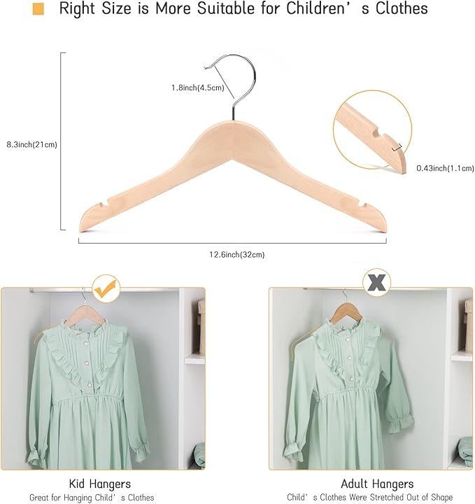 Nature Smile 20 Pack Unfinished/Natural Kids Baby Children Toddler Wooden Shirt Dress Coat Hangers with No Painting - 360°Stronger Anti-Rust Chrome Swivel Hook - Extra Smoothly Cut Notches