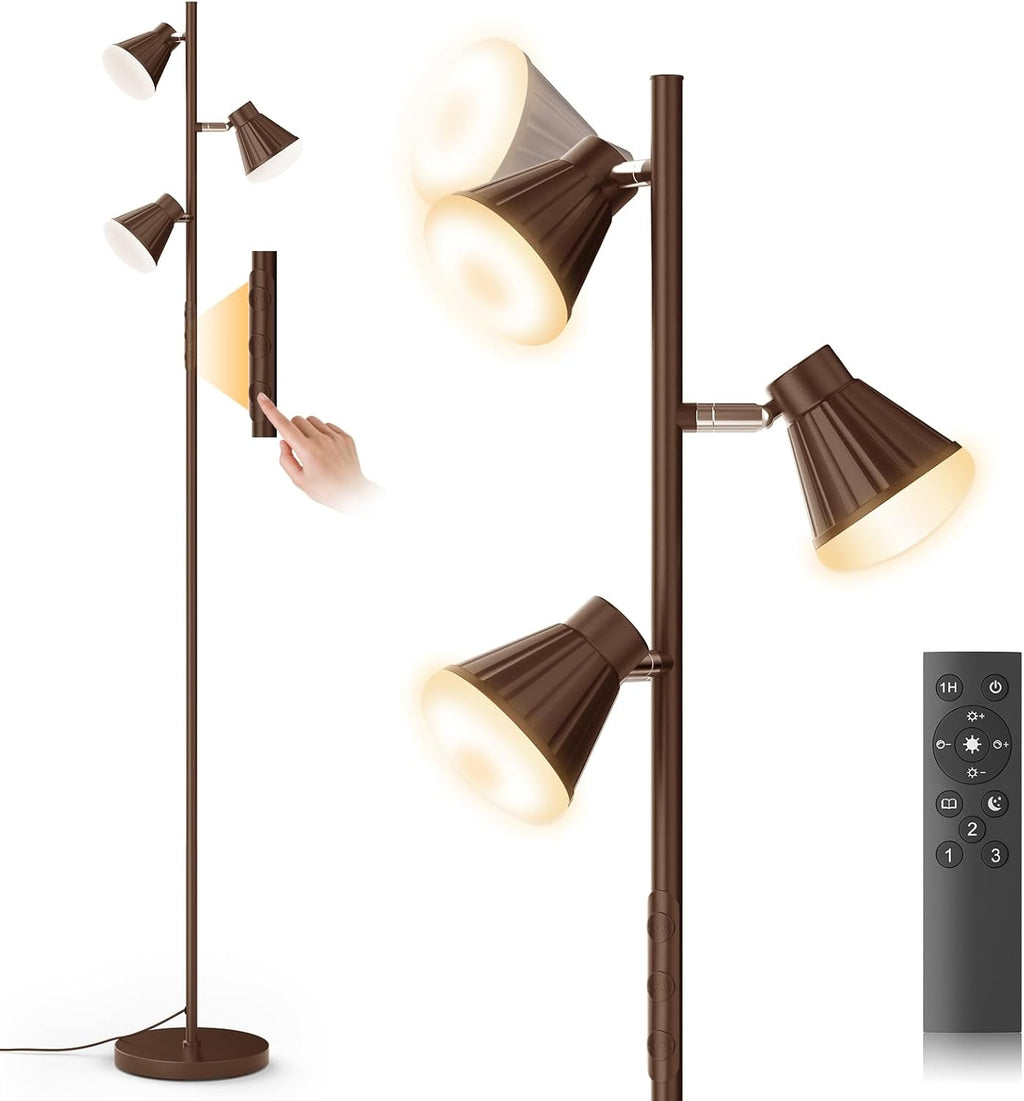 36W LED Tree Floor Lamp, Dimmable Tall Standing Lamp with Remote & Touch Control, 4 Color Temperatures Bright Floor Lamp, 3 Rotatable Light Modern Floor Lamps (Brown)
