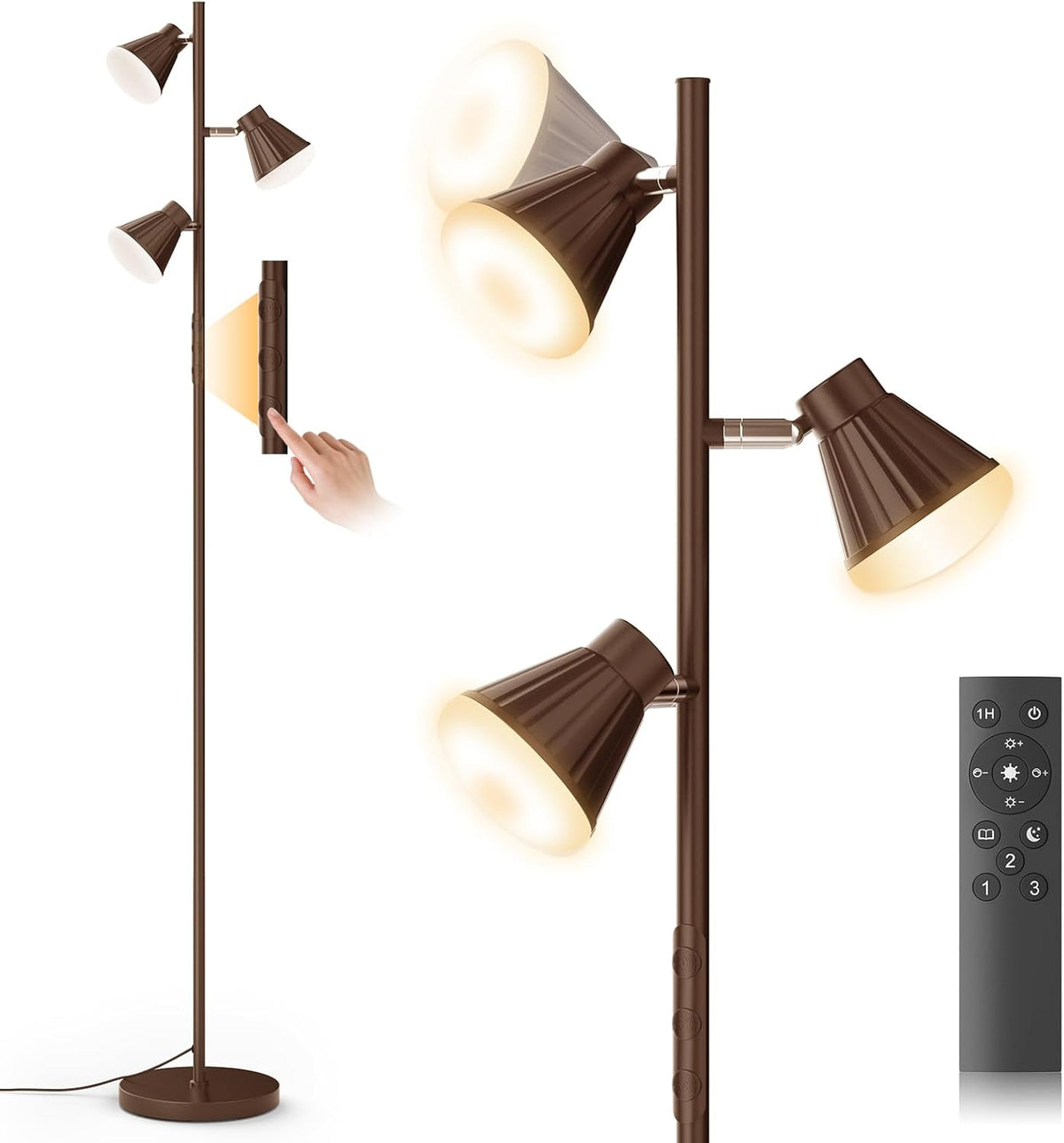 36W LED Tree Floor Lamp, Dimmable Tall Standing Lamp with Remote & Touch Control, 4 Color Temperatures Bright Floor Lamp, 3 Rotatable Light Modern Floor Lamps (Brown)