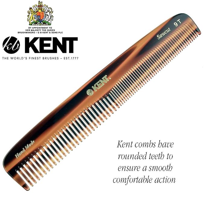 Kent 9T Double Tooth Dressing Table Comb, Tortoise Fine and Wide Tooth Coarse/Fine Dresser Comb for Hair, Beard, Mustache Styling, Grooming - For Men, Women, and Kids, Made in England