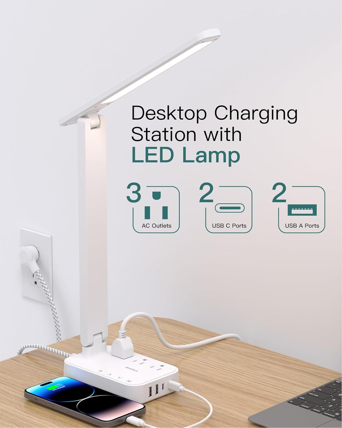 Addtam LED Desk Lamp, Power Strip with 3 Outlets 4 USB Charging Ports(2 USBC), 4 Modes 5 Level Brightness Touch Lamp, Small Desk Lamp for Home Office College Dorm Room Essentials, White