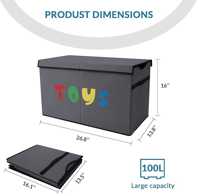 Toy Box Chest, Collapsible Sturdy Storage Bins with Lids, Extra Large Kids Toy Storage Organizer Boxes Bins Baskets for Kids, Boys, Girls, Nursery Room, Playroom, Closet (A-TBX-GRAY-MULTI)