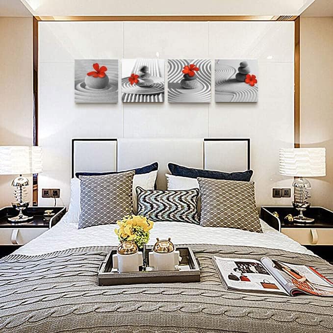 Yxbhhym Bathroom Decor Zen Decor Gray Wall Art Red Floral Wall Pictures Black and White Wall Art Flower Zen Stone Sand Pebble Canvas Print Artwork for Bedroom Living Room Home Wall Decoration