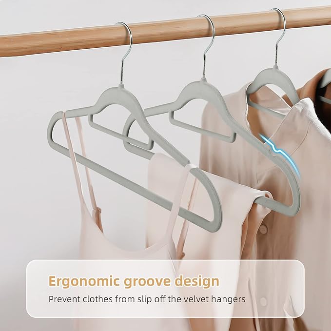 20 Pack of Grey Velvet Non-Slip Suit Hangers with 360°Swivel Hook - Heavy Duty, Space Saving, and Perfect for Adult Clothing.