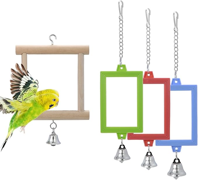 4 PCS Bird Mirror with Bell Parrot Hanging Interactive Playing Toy for Cockatiel Parakeets Canaries Budgie Cage Accessories