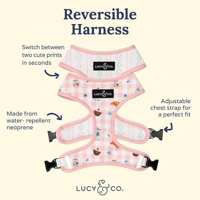 Lucy & Co. Reversible Dog Harness - Water-Repellent Neoprene, Dual-Print Design, Easy Swap Style, Adjustable Comfort Fit - Sipping Slowly Reversible Harness - X-Large
