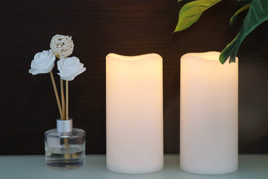 GenSwin Waterproof Outdoor Flameless Candles with Remote Timer, Battery Operated Large Flickering LED Pillar Candles for Indoor Outdoor Lanterns, Won’t Melt, Long-Lasting(White, Set of 2, 8” x 4”)