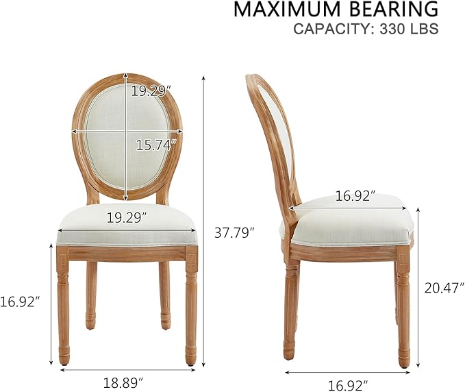 Nrizc French Country Dining Chairs Set of 4, Farmhouse Fabric Chairs with Round Back, Solid Wood Legs, Oval Side Chairs for Kitchen/Bedroom/Dining Room