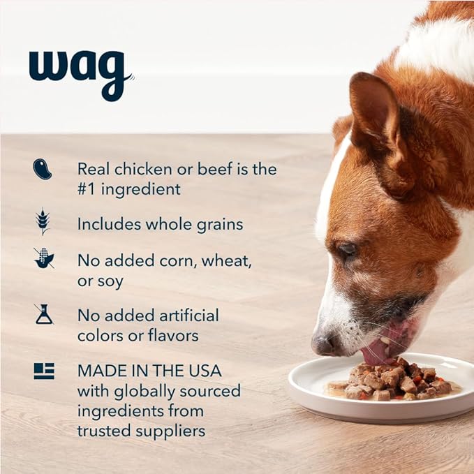 Amazon Brand - Wag Wholesome Grains Canned Wet Dog Food, Variety Pack (Chicken & Vegetables Paté and Beef & Vegetables Paté), Adult Recipe, 13 Ounce (Pack of 12)