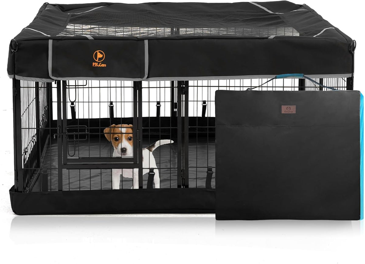 PJYuCien Dog Playpen Outdoor Plus Storage Bag, 24" H 8 Panels Puppy Pen with Square Bottom & Top Cover, Heavy Duty Dog Fence for Camping