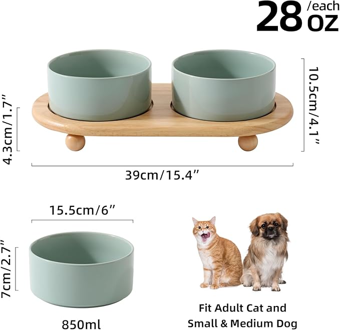 Ceramic Elevated Dog Bowls, Food and Water Bowls for Dogs, Puppy, Raised Dog Dish, Pet Feeder(6inch, 2 x Light Green + Stand)