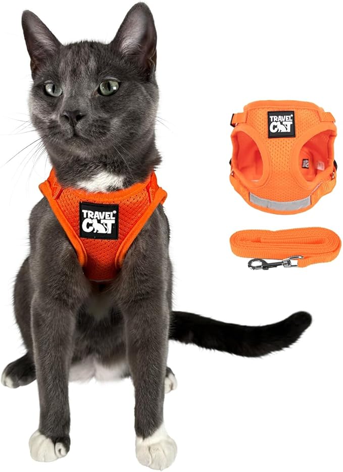 Travel Cat Harness and Leash Set - Adjustable Fit Mesh Cat Harness and Reflective Strap - Comfort Walking Vest for Kitten for Outdoor Walking, Hiking (Extra Small, Orange)