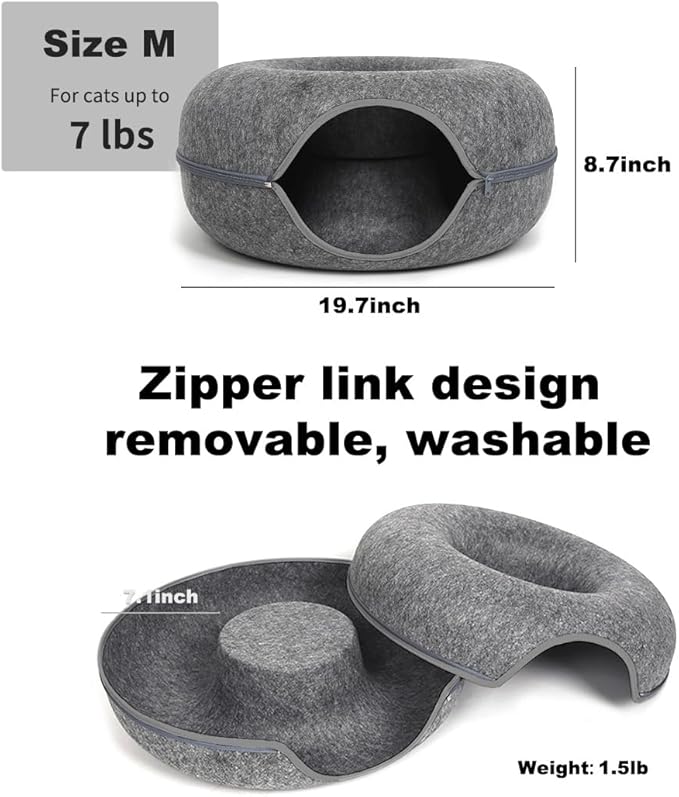Cat Tunnel Bed for Indoor Cats with 3 Toys, Scratch Resistant Donut Cat Bed, Up to 9 Lbs (M 20x20x9, Dark Grey)
