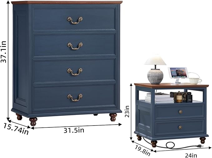 24" Wide Farmhouse Nightstand with Charging Station Set of 2,54" 7 Drawers Dresser, 37" Tall Rustic Chests of Drawers, Farmhouse Furniture Series for Bedroom,DarkBlue