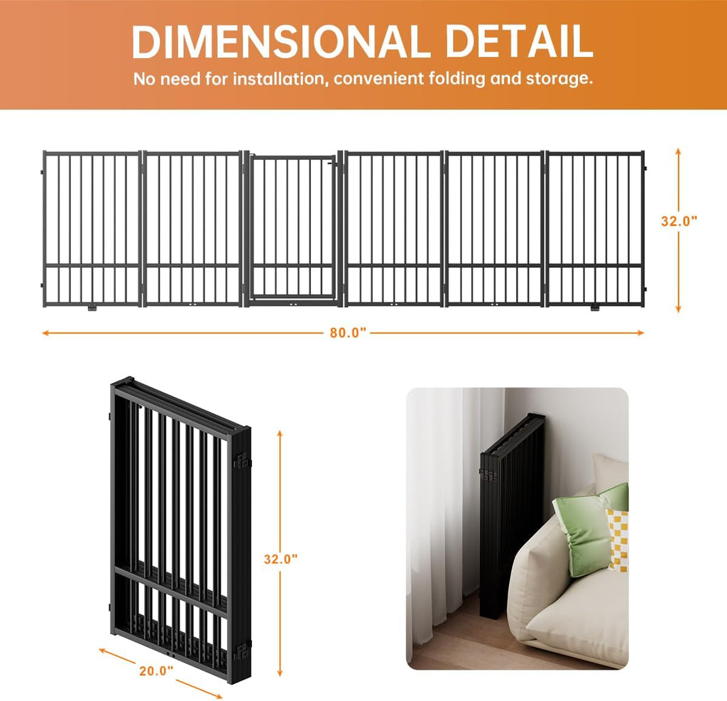 Full Metal Freestanding Dog Gate with Door, 32''Height Foldable Pet Dog Fence for Indoor & Outdoor, 6 Panels Extra Wide Free Standing TallDog Gates for Doorways,House,Stairs,Porch,Deck,Yard