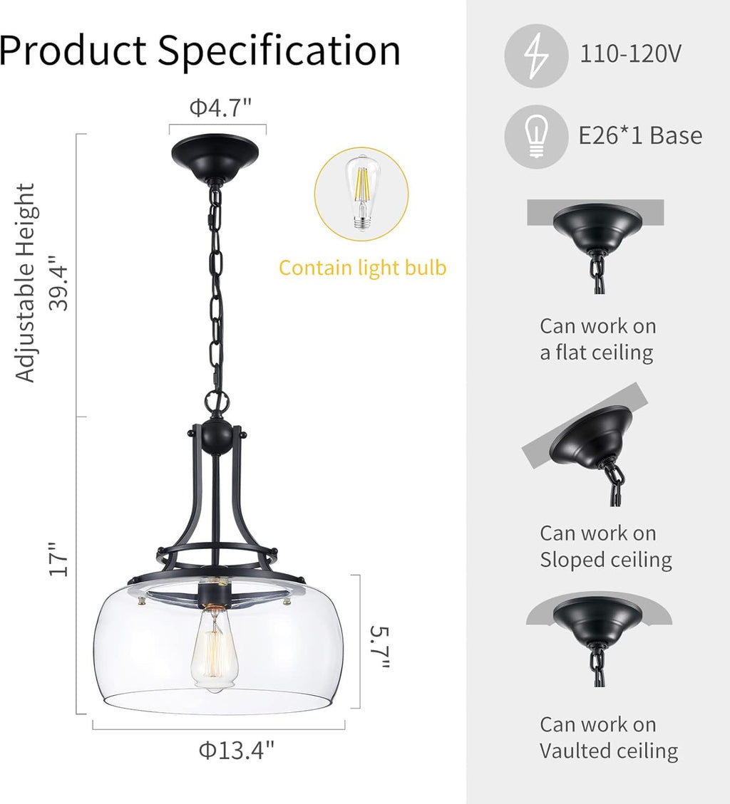 WUZUPS Chandelier Rustic Farmhouse Industrial Round Ceiling Pendant LED Light Fixture with Clear Glass Shades for Dining Room Kitchen Island Foyer Entryway, H 17" x W 13.4", E26 Base, Black