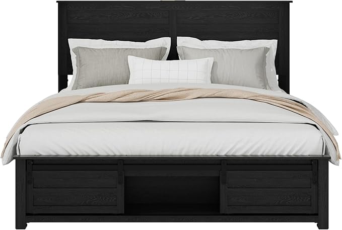 Wooden Full Size Bed Frame with Headboard, Classic Black Farmhouse Storage Bedframe with Sliding Barn Door Footboard and Charging Station, Wood Slats, No Box Spring Needed