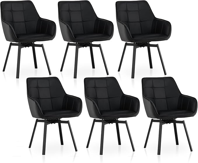 TUKAILAi Swivel Dining Chairs Set of 6, Faux Leather Upholstered Accent Dining Chairs with Metal Legs, Rotatable Armchairs Desk Chair for Home Office Kitchen Restaurant Modern (Black)