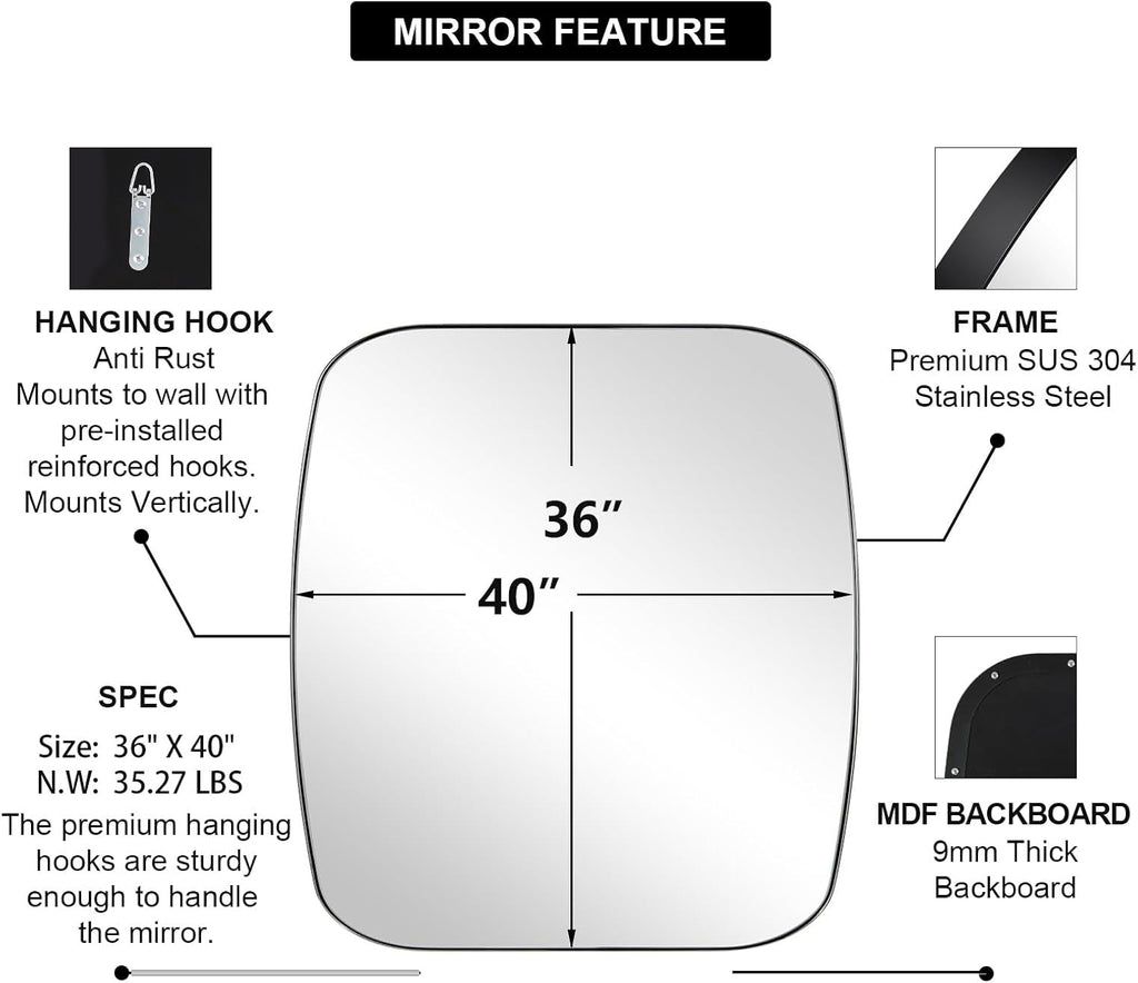 ANDY STAR Chrome Oblong Mirror, 36x40 Inch Polished Chrome Oval Mirror for Bathroom with Stainless Steel Metal Frame, Wall Mouned for Bathroom, Living Room, Entryway